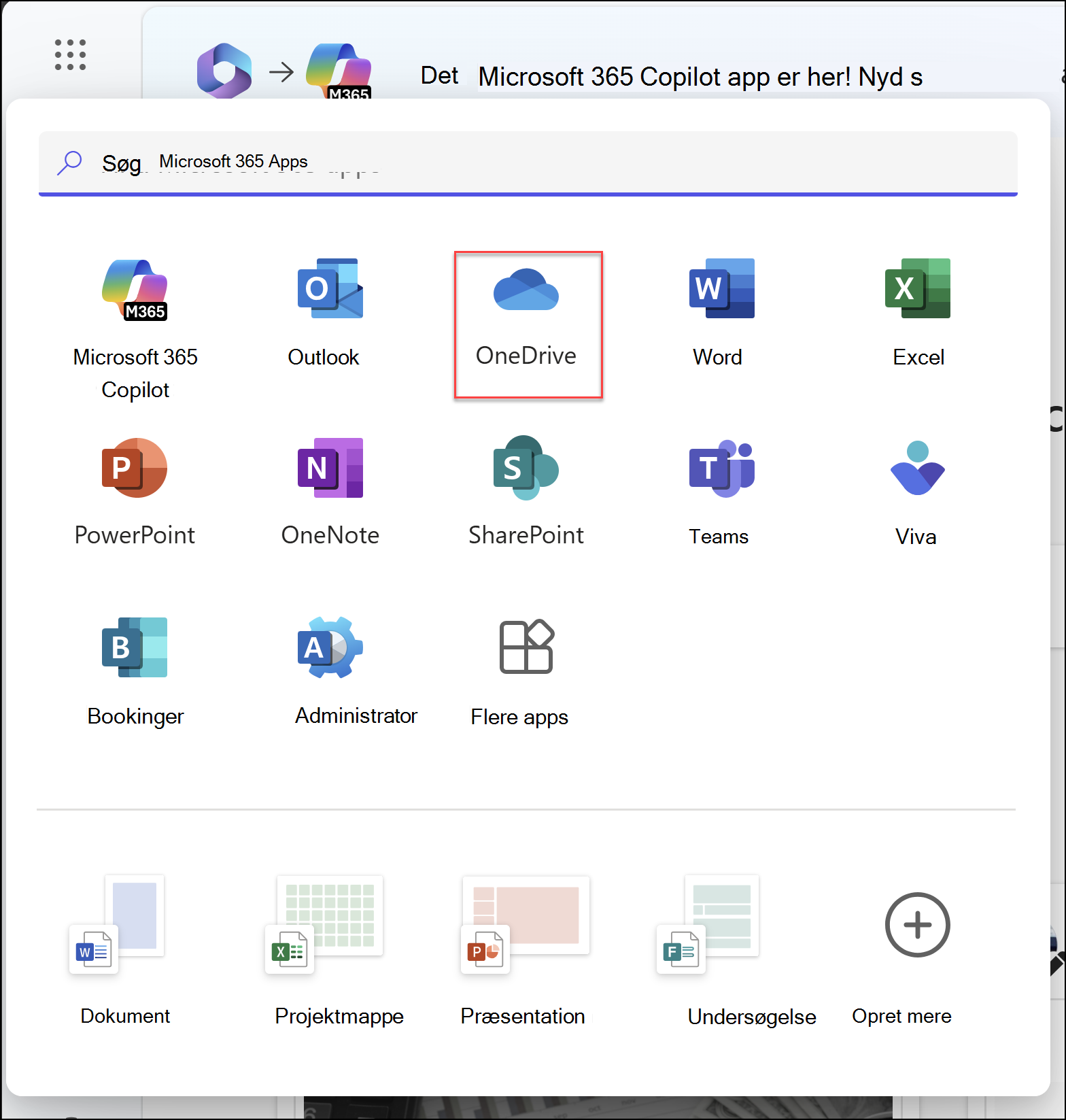 Et browservindue med appstarteren åben og OneDrive-appen fremhævet