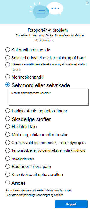 Skærmbillede af dialogboksen Rapportér misbrug i OneDrive