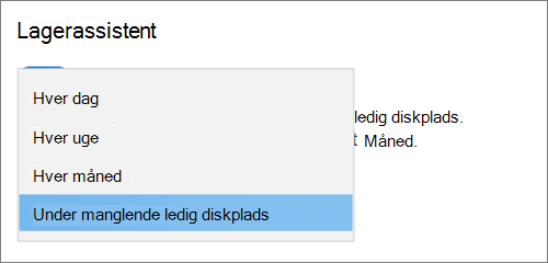 Windows 10 rullemenuen Lager, hvor du vælger hyppighed for at køre Lagerassistent