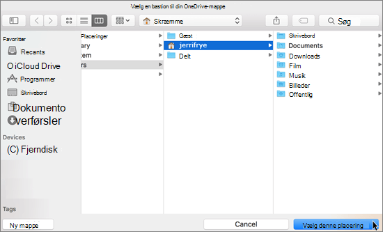 Skærmbillede af valg af mappeplacering i guiden Velkommen til OneDrive på en Mac