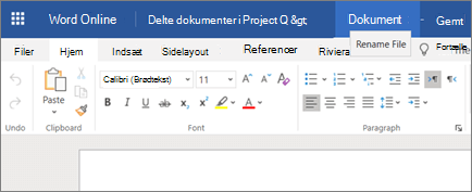 Klik på titellinjen for at ændre navnet på et dokument i Word Online