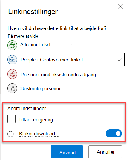 Delingsindstillinger i OneDrive, der fremhæver indstillingen Bloker download.