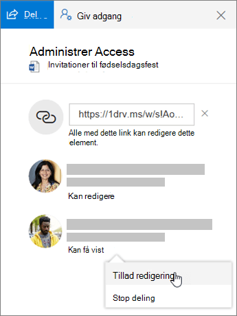 Skærmbillede af afsnittet Deling i ruden Detaljer for en delt fil.