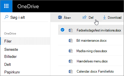 Skærmbillede af en valgt fil og knappen Del i OneDrive.