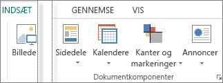 Skærmbillede af gruppen Dokumentkomponenter under fanen Indsæt i Publisher.