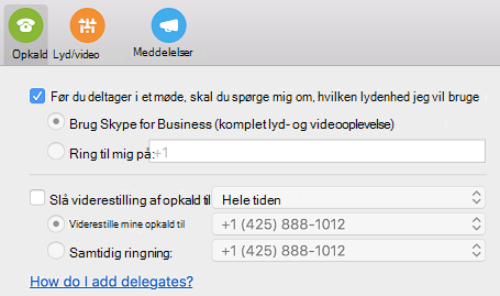 Hvordan tilføjer jeg stedfortrædere? linket hjælp på siden Opkald i dialogboksen Indstillinger