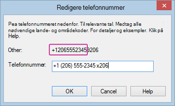 Lync rediger telefonnummer med tilføjet lokalnummer