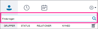 Når Skype for Business-søgefeltet er tomt, er de tilgængelige faner Grupper, Status, Relationer og Ny.