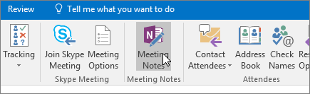 Et skærmbillede, der viser knappen Mødenoter i Outlook.