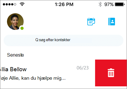 Et skærmbillede, der viser en samtale, der slettes i Skype for Business til iOS.