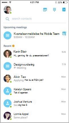 Startskærm for Skype for Business til iOS