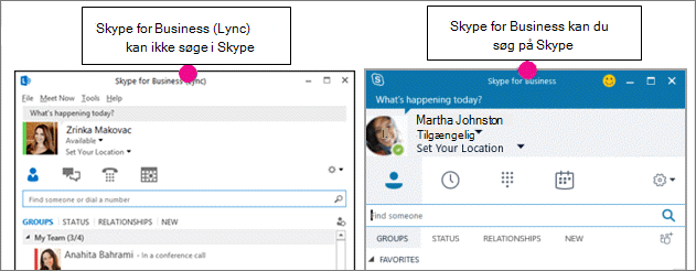 Sammenligning side om side af siden Kontakter i Skype for Business og siden Skype for Business (Lync)