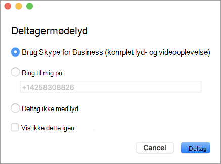 Eksempel på dialogboksen for deltagelse i mødets lydside