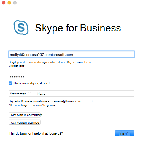 Loginskærm til Skype for Business til Mac