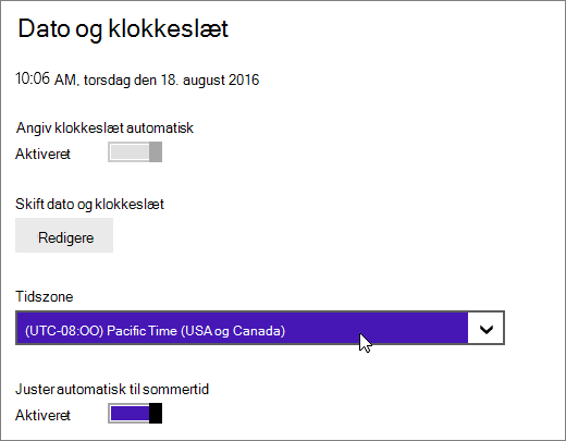Et skærmbillede, der viser menuen Dato og klokkeslæt i Windows 8.