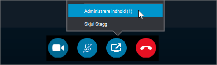 Et skærmbillede, der viser menuen Projektindhold i et Skype for Business-møde, hvor Administrer indhold er markeret.