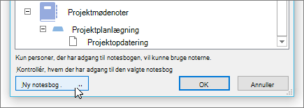 Et skærmbillede, der viser knappen Ny notesbog i dialogboksen Del noter.