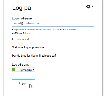 Et skærmbillede, der viser knappen Log på på skærmen Log på Skype for Business.
