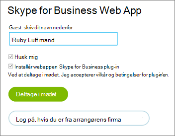 Log på webappen Skype for Business Web App som gæst eller med din organisations legitimationsoplysninger