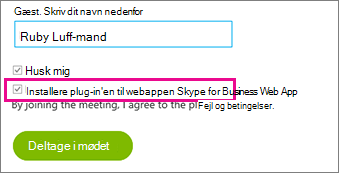 Kontroller, at Installér plug-in'en til skype for Business Web App er markeret