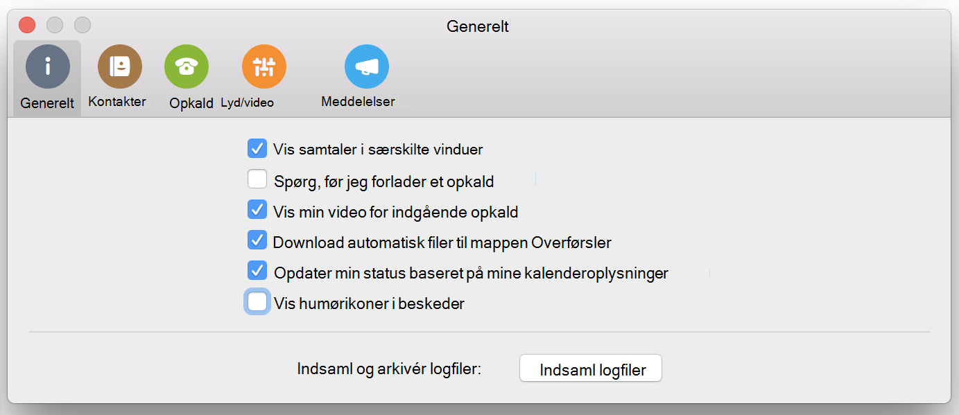 Afkrydsningsfeltet Vis humørikoner i meddelelser på siden Generelt i Indstillinger