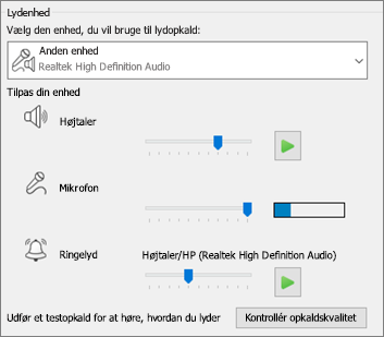 Brugerdefinerede indstillinger – højttaler, mikrofon, ringelyd – for lydenhed