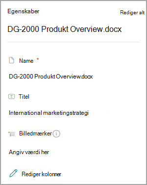Skærmbillede, der viser Egenskaber for et dokument i et SharePoint-bibliotek.