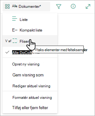 Du kan vælge Felter for at oprette en visning af eksempelfelter.