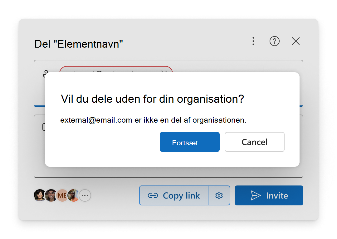 Der vises en bekræftelsesmeddelelse, når du tilføjer en person uden for organisationen, som du vil dele et element med