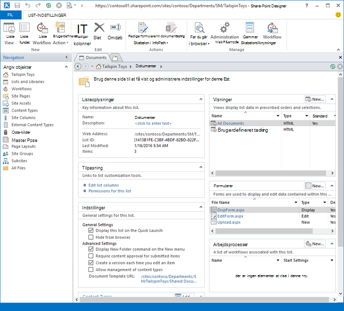 Billede af forsiden i SharePoint Designer 2013.