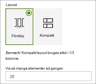 Layoutvalg i egenskabsruden for webdelen Begivenheder.