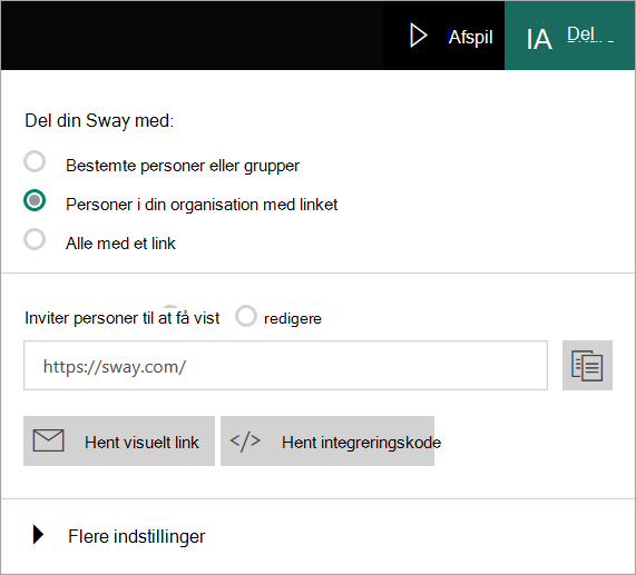 Sway-menu fra din organisationskonto