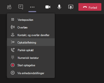 Knappen Opkaldsfletning i menuen