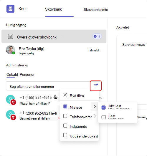 Skærmbillede, der viser oplysninger om opkaldsfiltre i Køer-appen.