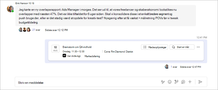 Skærmbillede, der viser den trådinddelte mødechat i en Microsoft Teams-kanal.