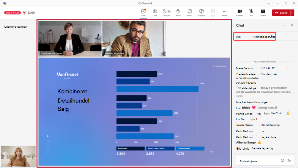 Skærmbillede, der viser et rådhus i Teams med arrangørernes chatfeed vist.