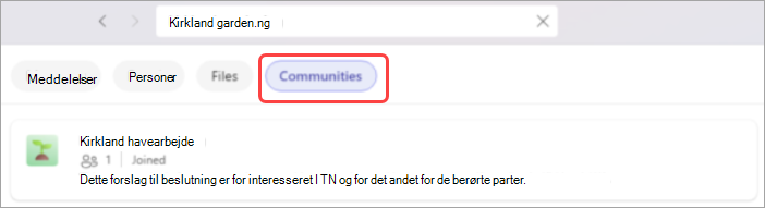 Billede, der viser nøgleord, der er skrevet på søgelinjen med filteret Communities fremhævet.