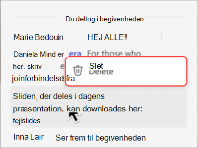 Skærmbillede, der viser, hvordan du sletter en meddelelse fra en chat på rådhuset.