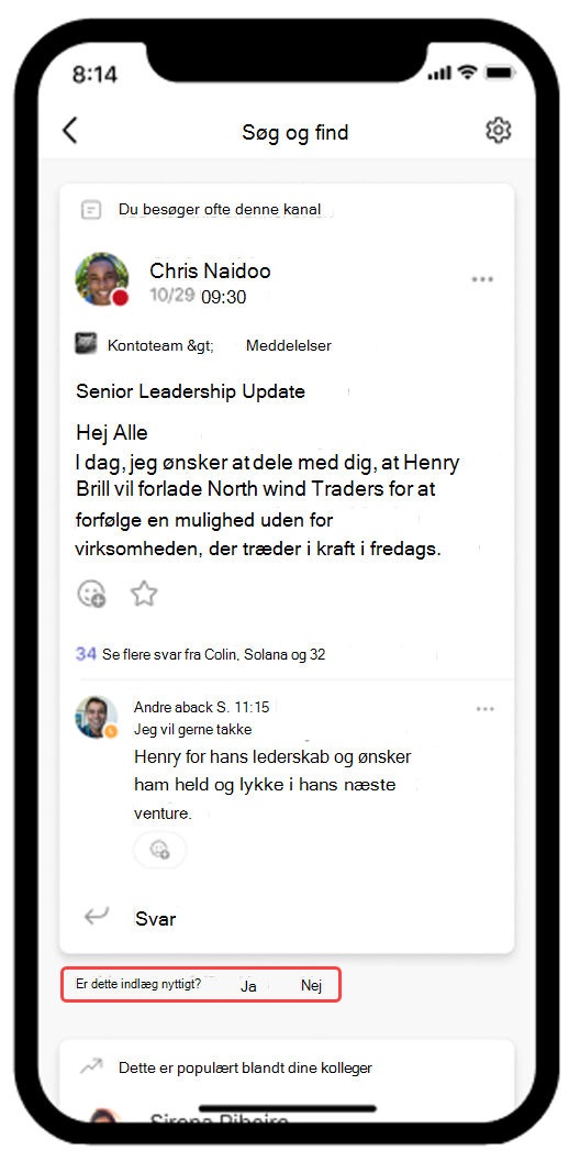 Skærmbillede, der viser Teams Discover-feed, der er åbent på mobil