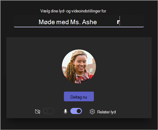 Skærmbillede af skærmens åbning, når underviseren starter et møde i Microsoft Teams til uddannelse.