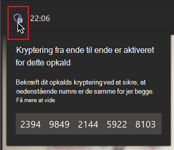 En mus holdes over krypteringsskjoldikonet. En meddelelse med en gruppe numre viser, at vedkommende skal bekræfte, at numrene stemmer overens med andre i opkaldet for at sikre, at de er i et ende-til-ende krypteret opkald.