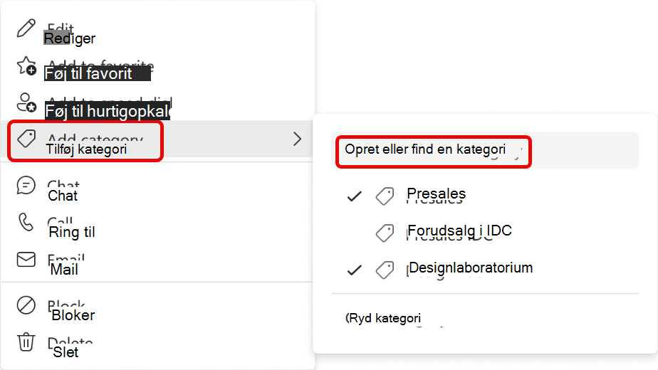Skærmbillede af menuen Føj kontakt til kategori
