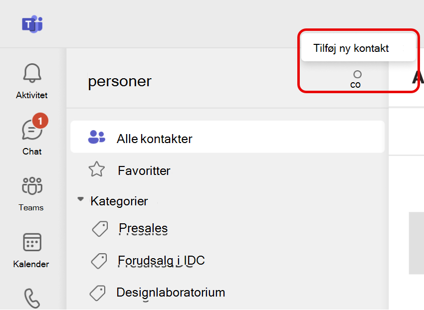 Skærmbillede af ikonet Tilføj ny kontakt i Teams People-appen
