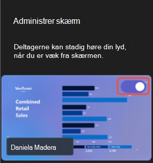 Skærmbillede, der fremhæver, hvordan du deler synligt indhold under en Microsoft Teams-begivenhed.