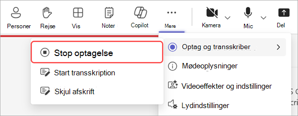 Skærmbillede, der fremhæver, hvordan du stopper optagelsen under en forsamling
