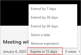Skærmbillede, der fremhæver, hvordan du forlænger en udløbsdato for optagelse i Microsoft Stream.