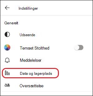 Indstilling af Teams-mobildata og -lagerplads Indstilling for