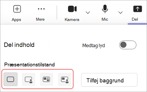 Skærmbillede, der fremhæver forskellige præsentationstilstande i Mødekontrolelementer i Microsoft Teams.