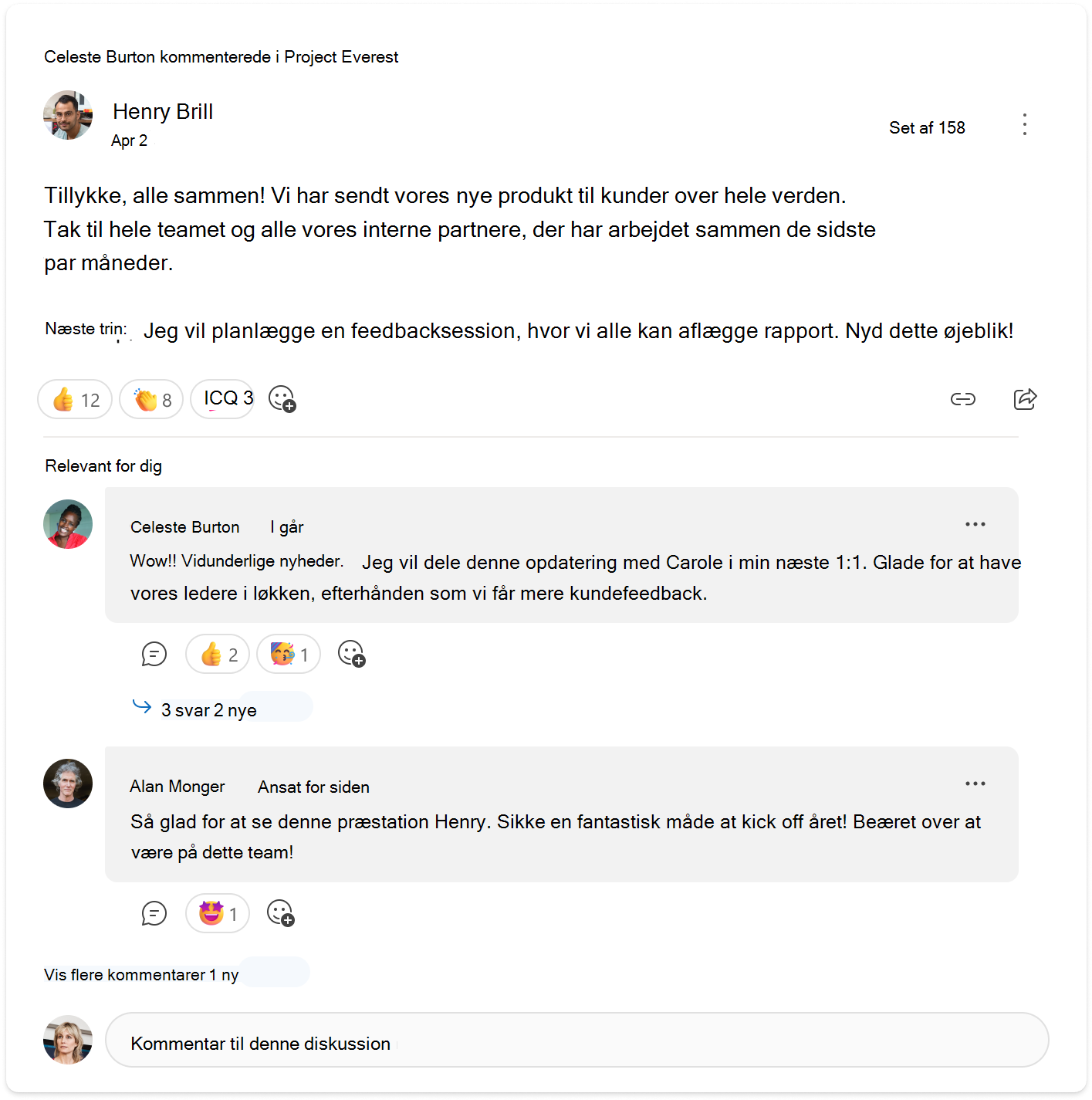 En samtale, der viser visningen relevant for dig af to kommentarer på samtalekortet Engage.