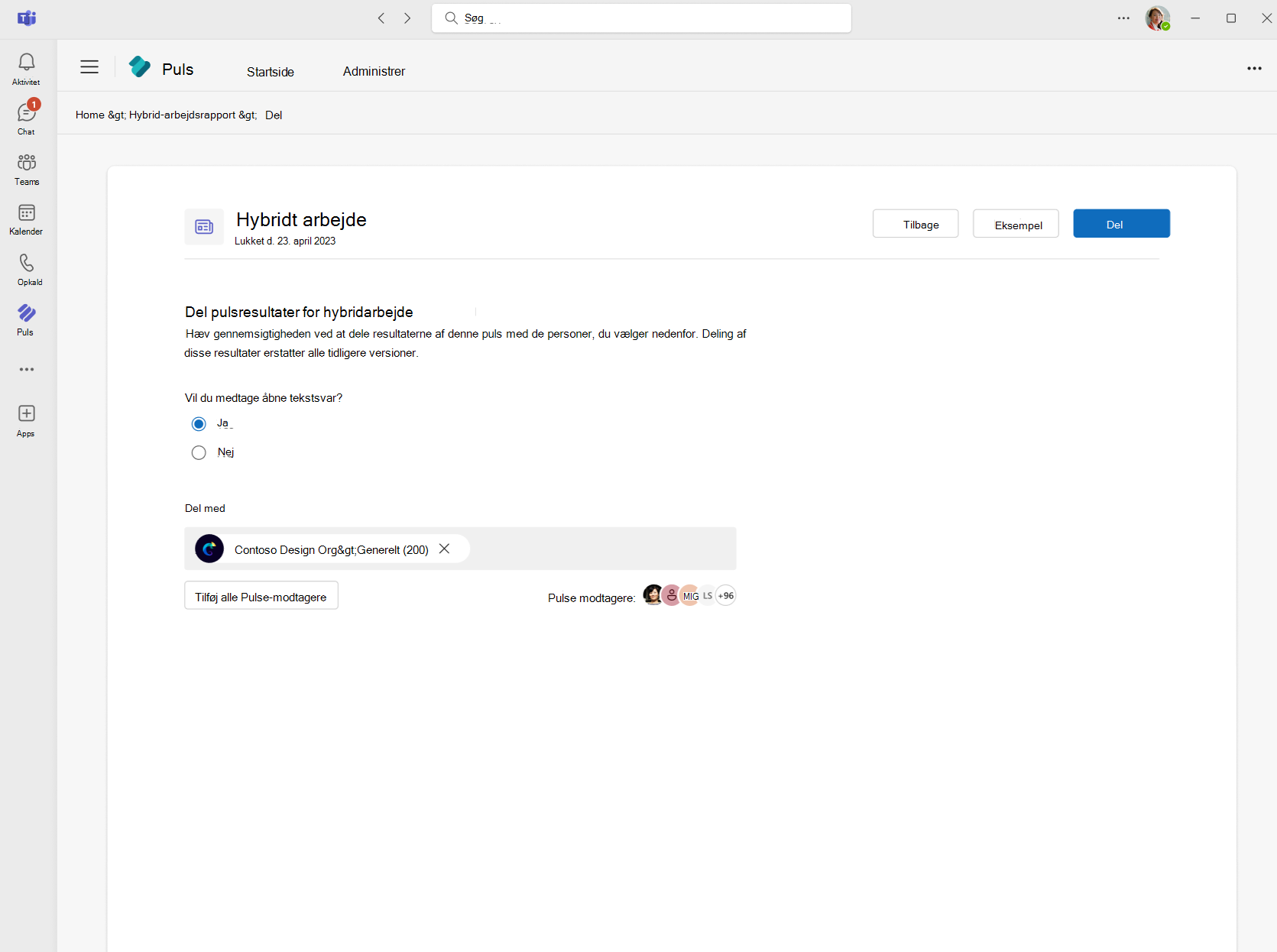 Dialogboksen Del resultater med Viva Pulse